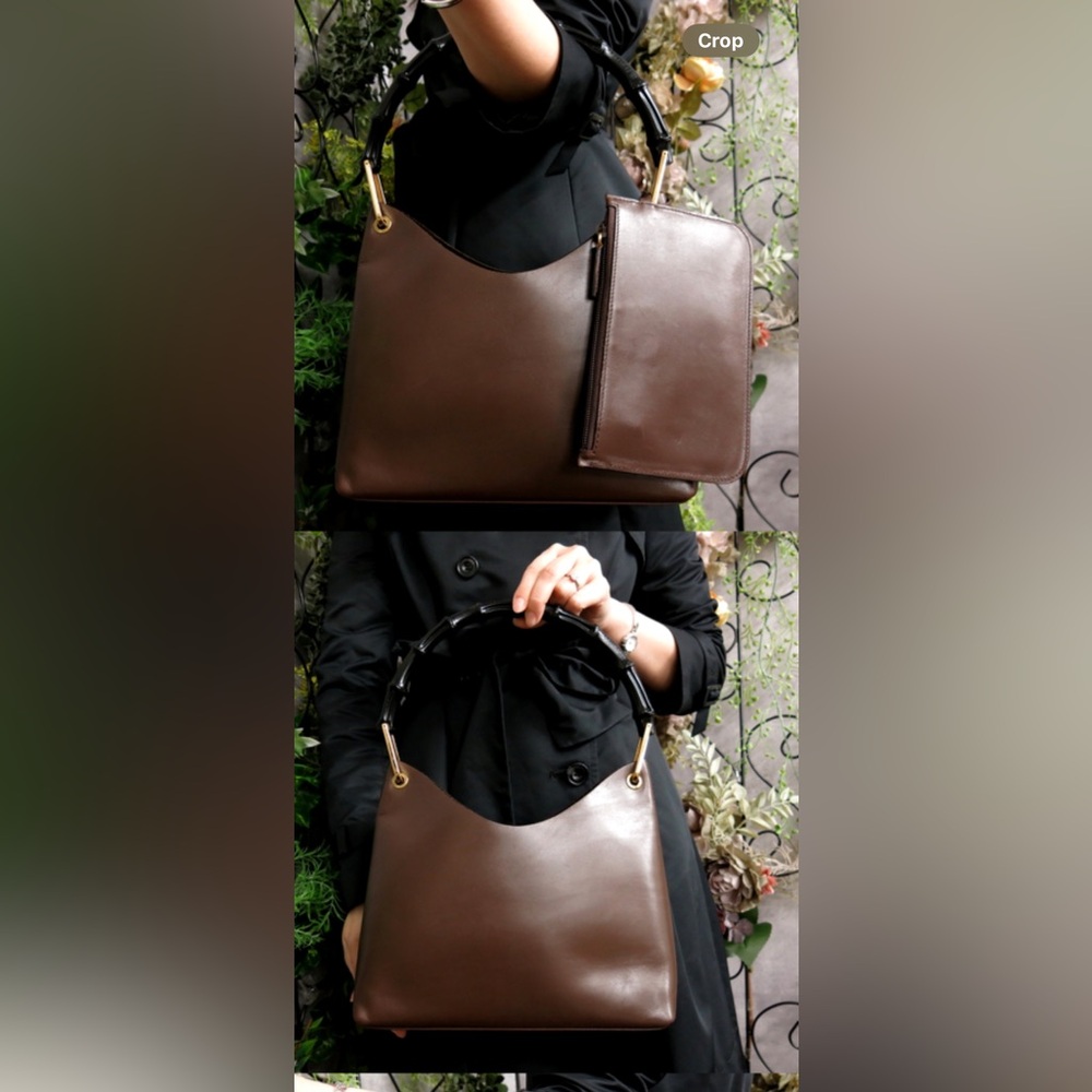 SOLD-SOLD- Gucci Brown Handbag with Black Bamboo Handle - Picture 1 of 14